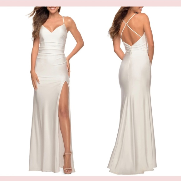 NEW‎ $268 La Femme [ size 0 ] Cross Back Satin Jersey Trumpet Gown in White